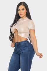 Well-in Vogue Slinky Foil Front O-Ring Cut Out Shirring Top