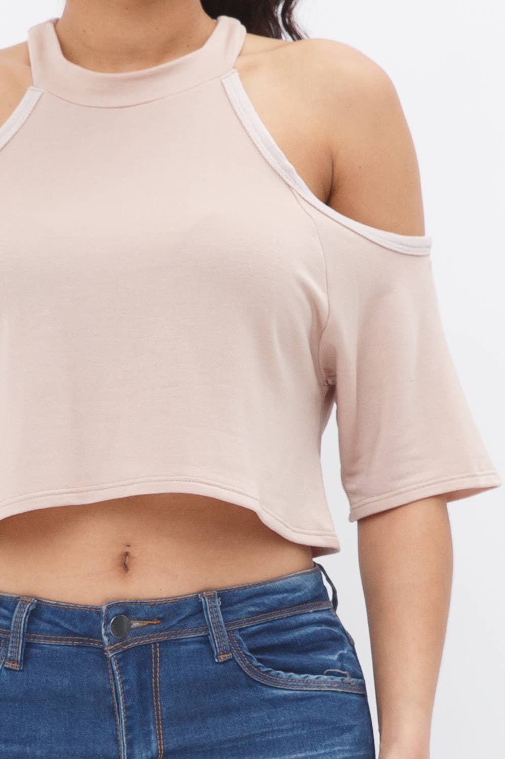 Well-in Vogue French Terry Solid Shoulder Cut Out Detail Half Sleeve Top