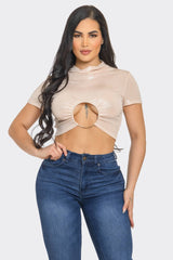 Well-in Vogue Slinky Foil Front O-Ring Cut Out Shirring Top