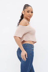 Well-in Vogue French Terry Solid Shoulder Cut Out Detail Half Sleeve Top
