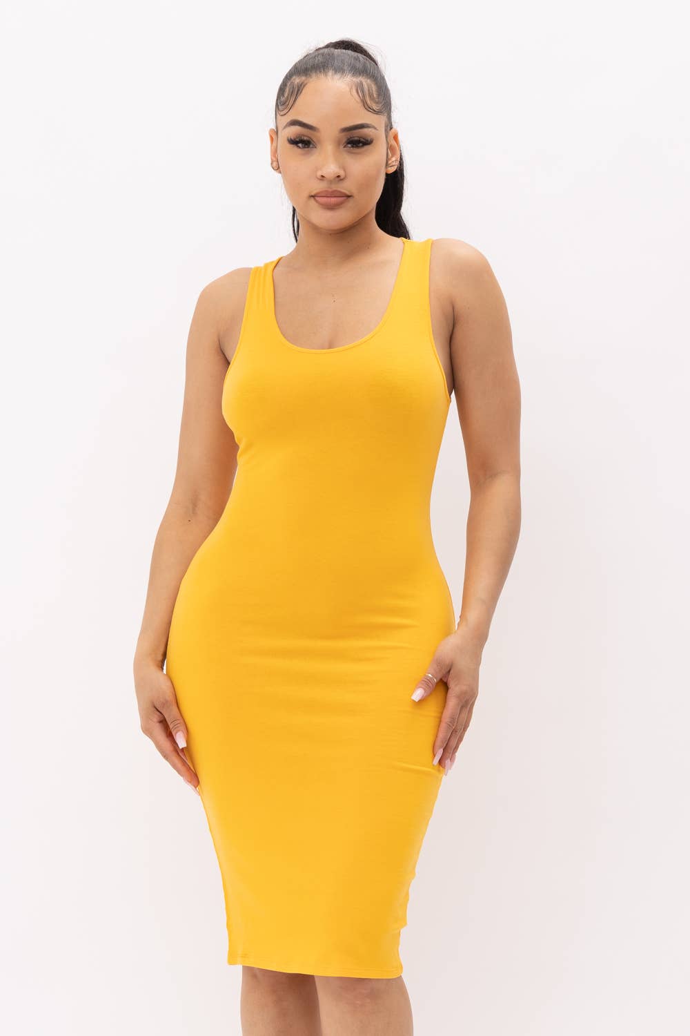Well-in Vogue Cotton Spandex Solid Sleeveless Tank Bodycon Midi Dress