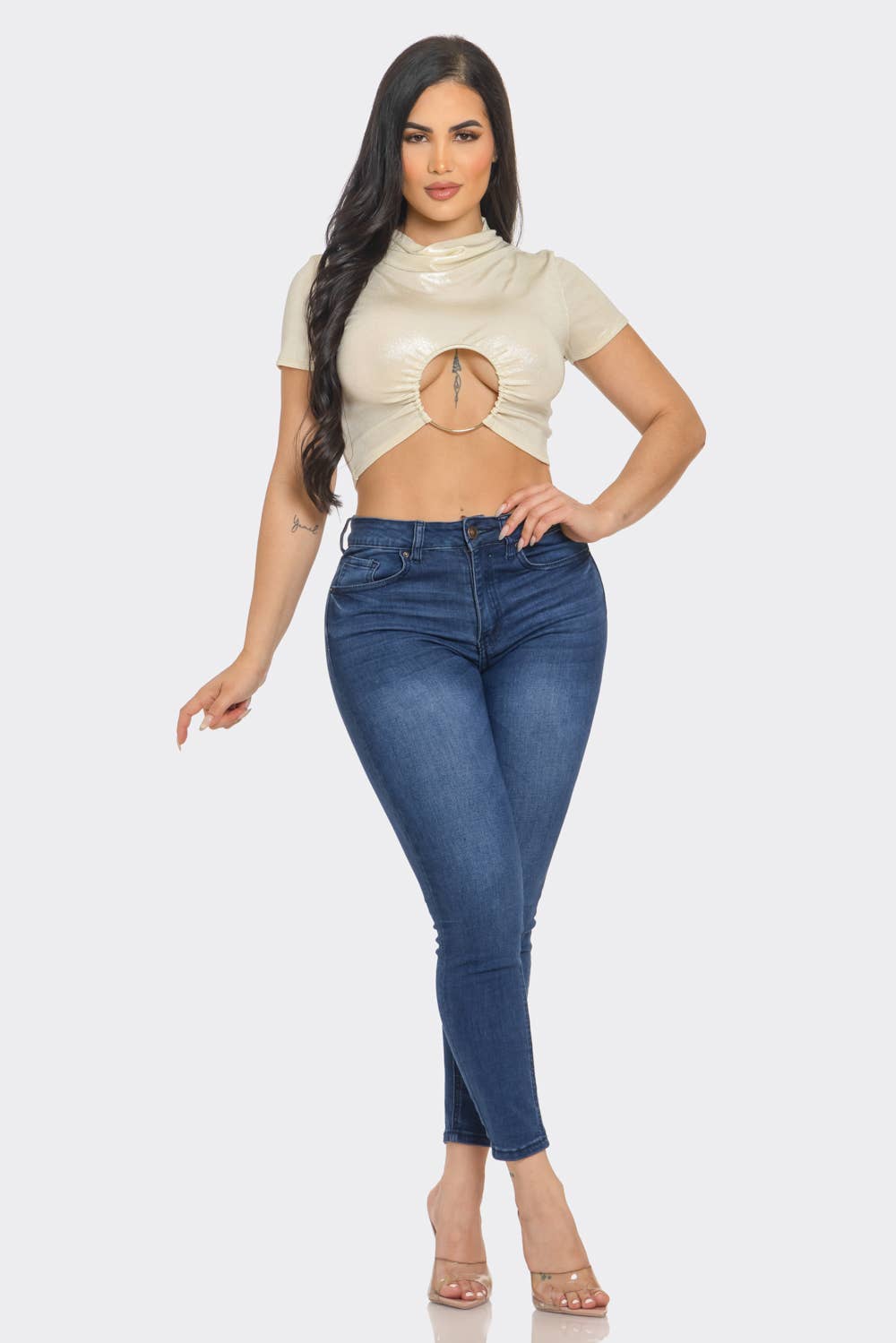 Well-in Vogue Slinky Foil Front O-Ring Cut Out Shirring Top