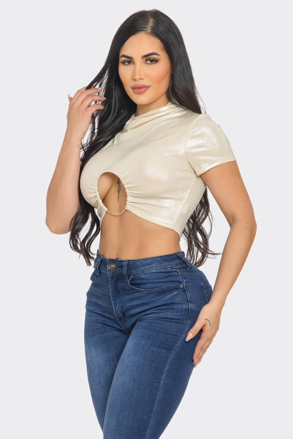 Well-in Vogue Slinky Foil Front O-Ring Cut Out Shirring Top