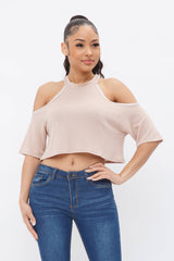 Well-in Vogue French Terry Solid Shoulder Cut Out Detail Half Sleeve Top