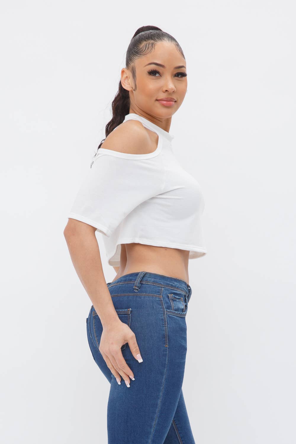Well-in Vogue French Terry Solid Shoulder Cut Out Detail Half Sleeve Top