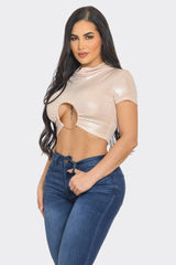 Well-in Vogue Slinky Foil Front O-Ring Cut Out Shirring Top