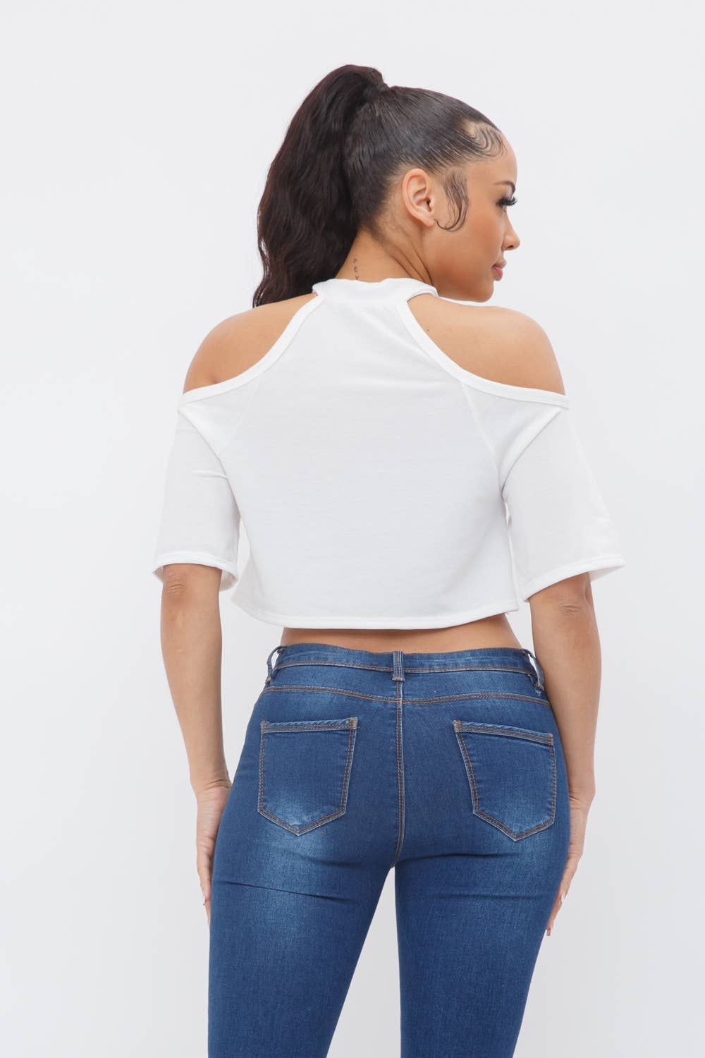 Well-in Vogue French Terry Solid Shoulder Cut Out Detail Half Sleeve Top