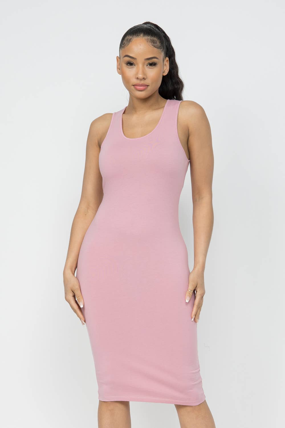 Well-in Vogue Cotton Spandex Solid Sleeveless Tank Bodycon Midi Dress