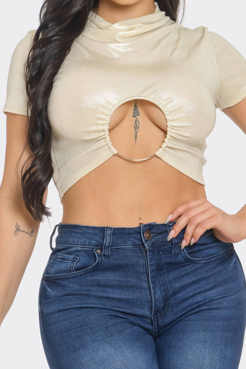 Well-in Vogue Slinky Foil Front O-Ring Cut Out Shirring Top