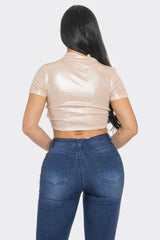 Well-in Vogue Slinky Foil Front O-Ring Cut Out Shirring Top