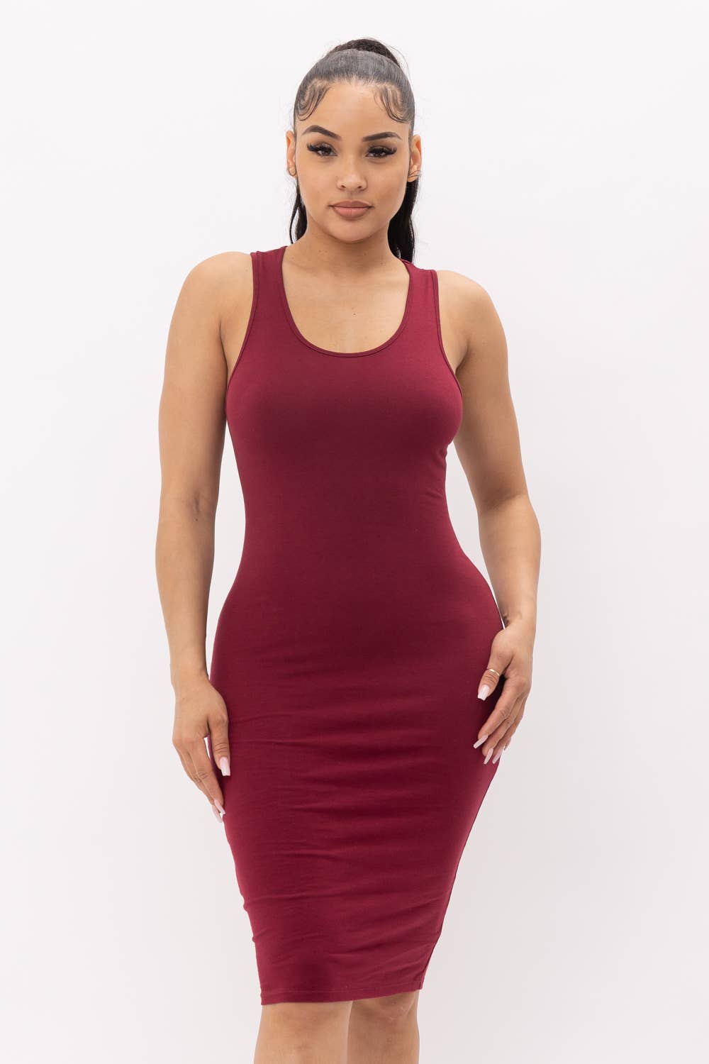 Well-in Vogue Cotton Spandex Solid Sleeveless Tank Bodycon Midi Dress