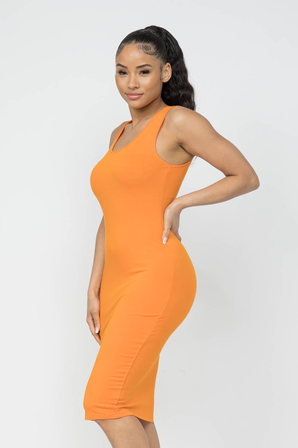 Well-in Vogue Cotton Spandex Solid Sleeveless Tank Bodycon Midi Dress