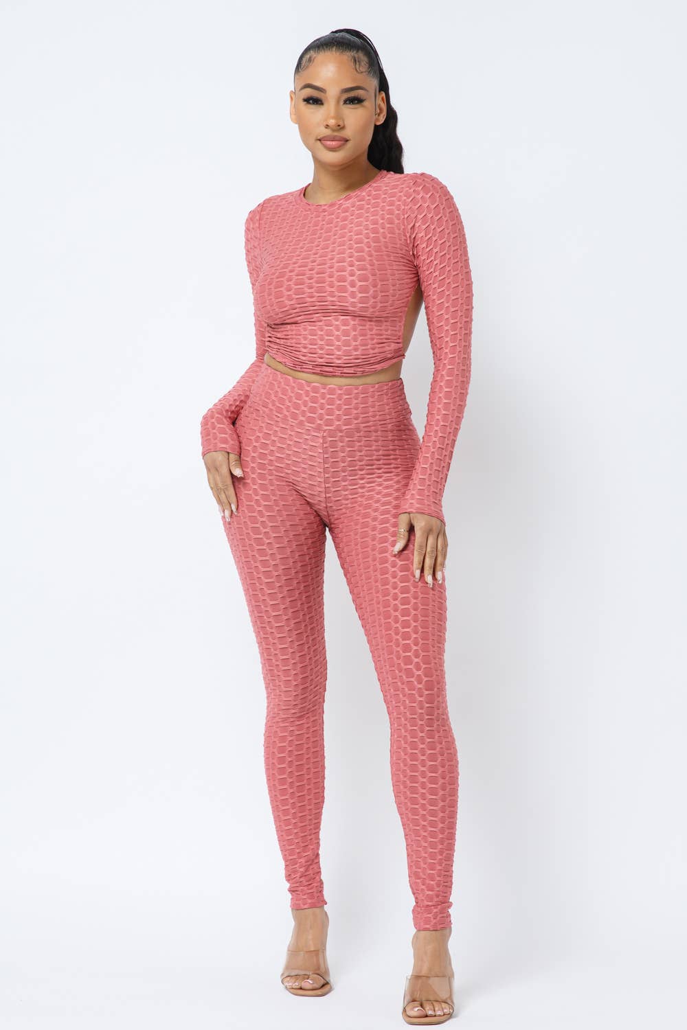 Well-in Vogue Honeycomb Open Back Tie Top and Leggings Set