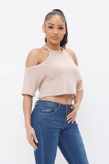 Well-in Vogue French Terry Solid Shoulder Cut Out Detail Half Sleeve Top