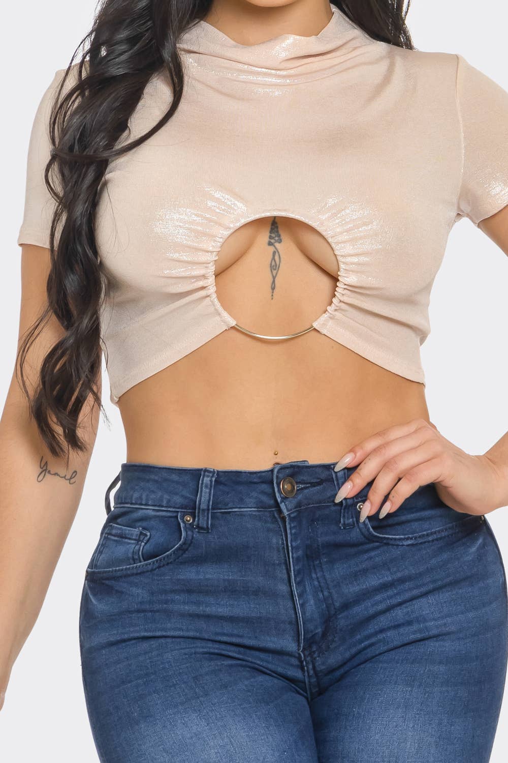 Well-in Vogue Slinky Foil Front O-Ring Cut Out Shirring Top