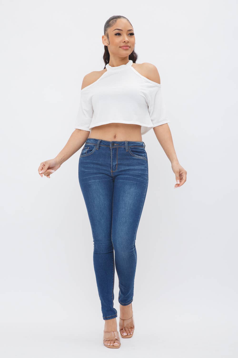 Well-in Vogue French Terry Solid Shoulder Cut Out Detail Half Sleeve Top