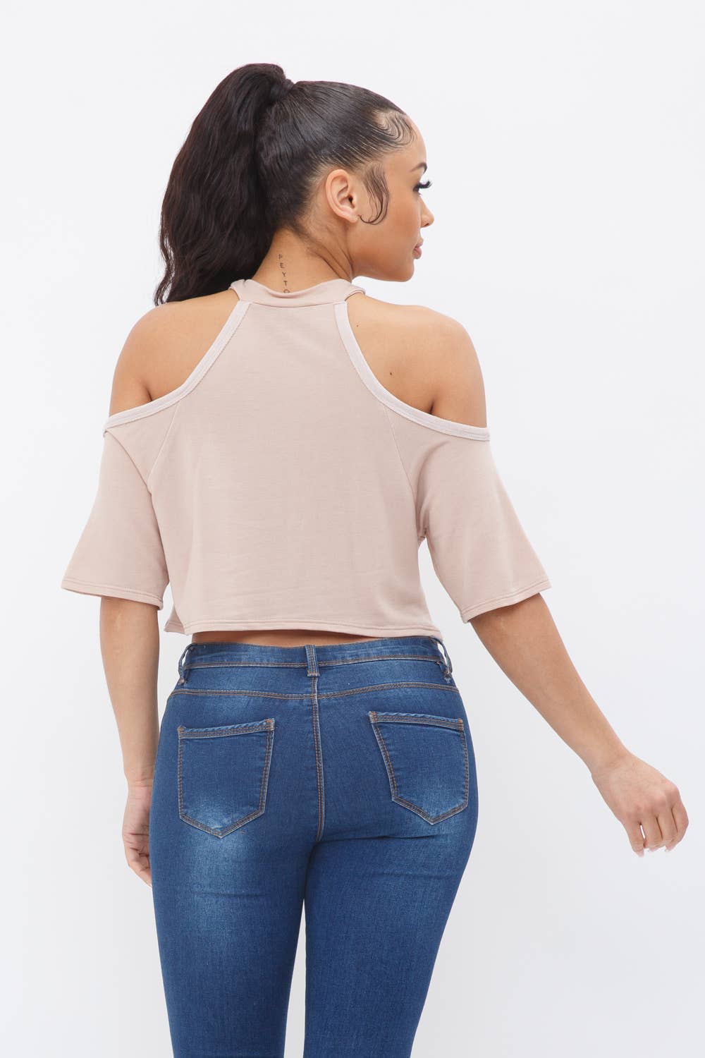 Well-in Vogue French Terry Solid Shoulder Cut Out Detail Half Sleeve Top