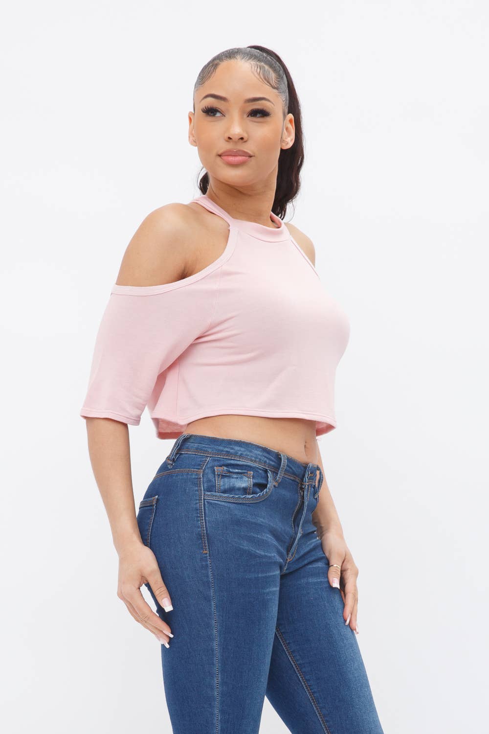 Well-in Vogue French Terry Solid Shoulder Cut Out Detail Half Sleeve Top