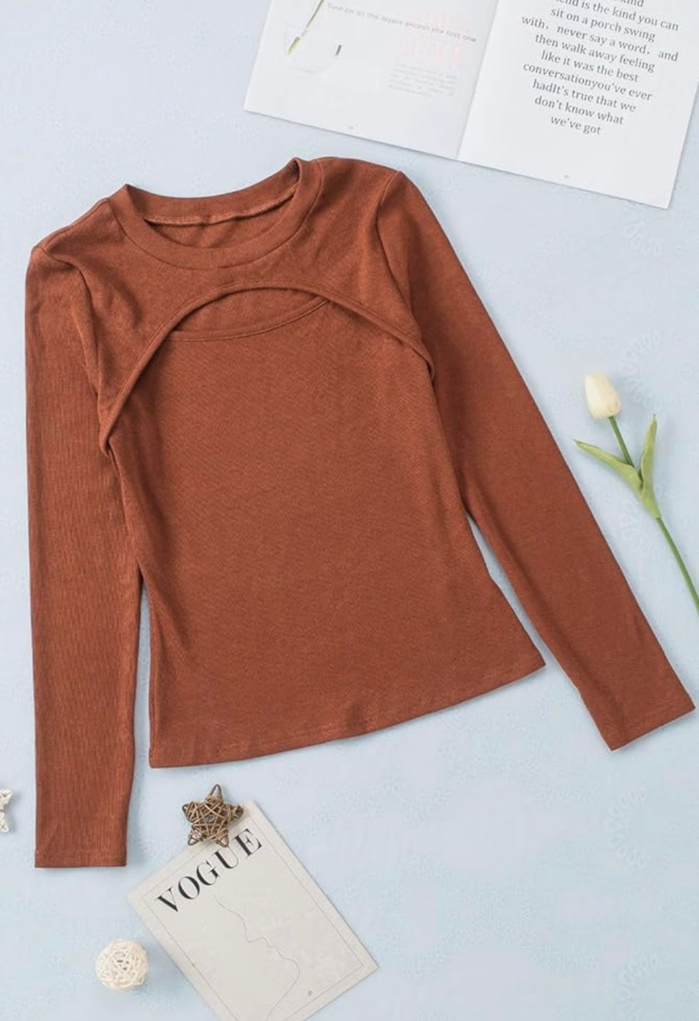 Cutout Long Sleeve Knitted Ribbed Swaters Pullover Lightweight Slim Solid Color Jumper Top