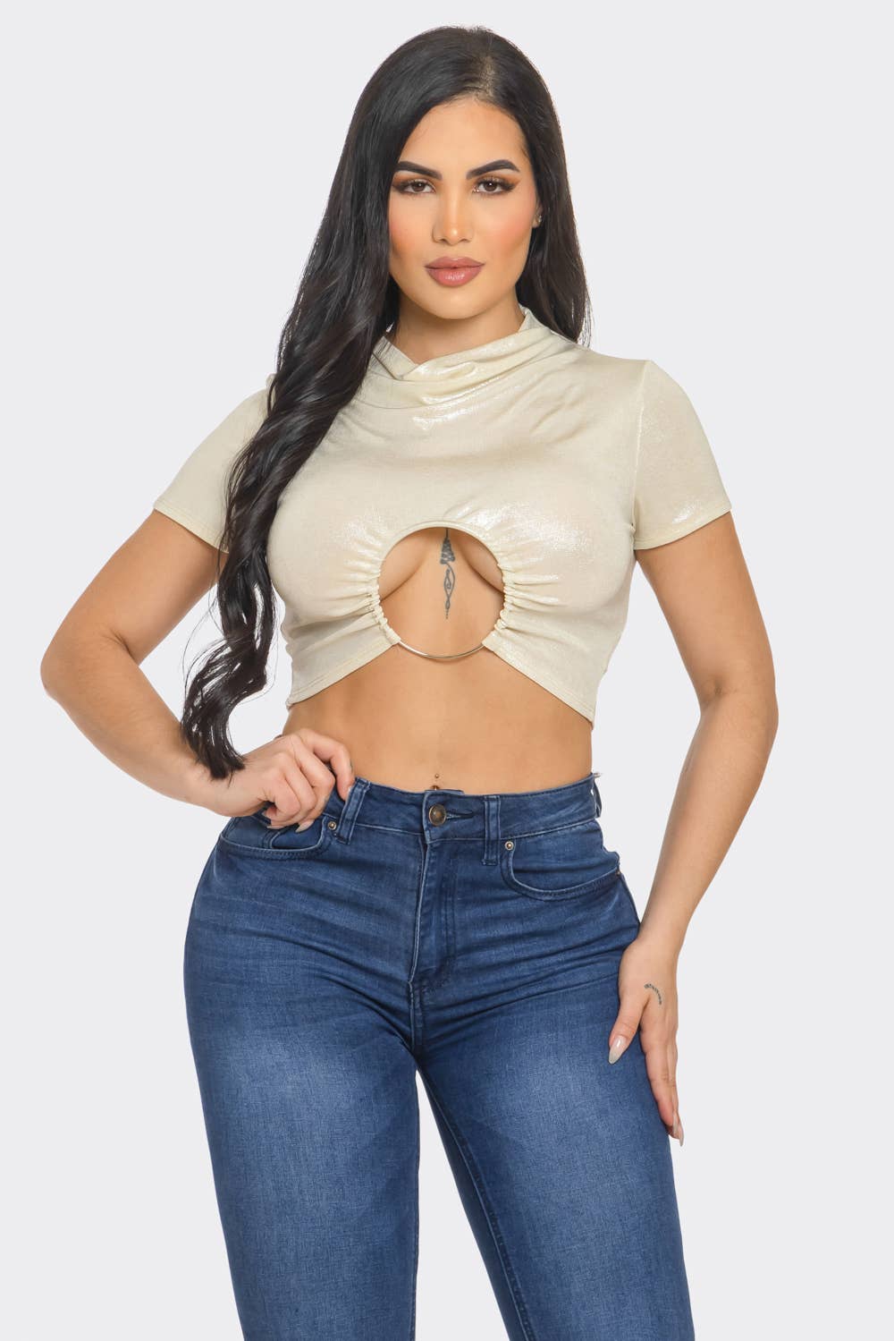 Well-in Vogue Slinky Foil Front O-Ring Cut Out Shirring Top