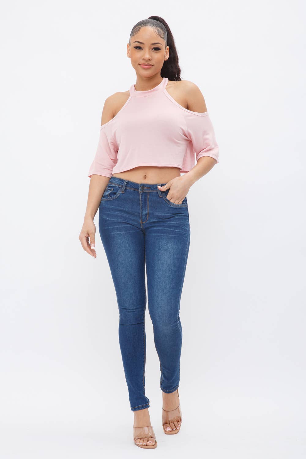 Well-in Vogue French Terry Solid Shoulder Cut Out Detail Half Sleeve Top