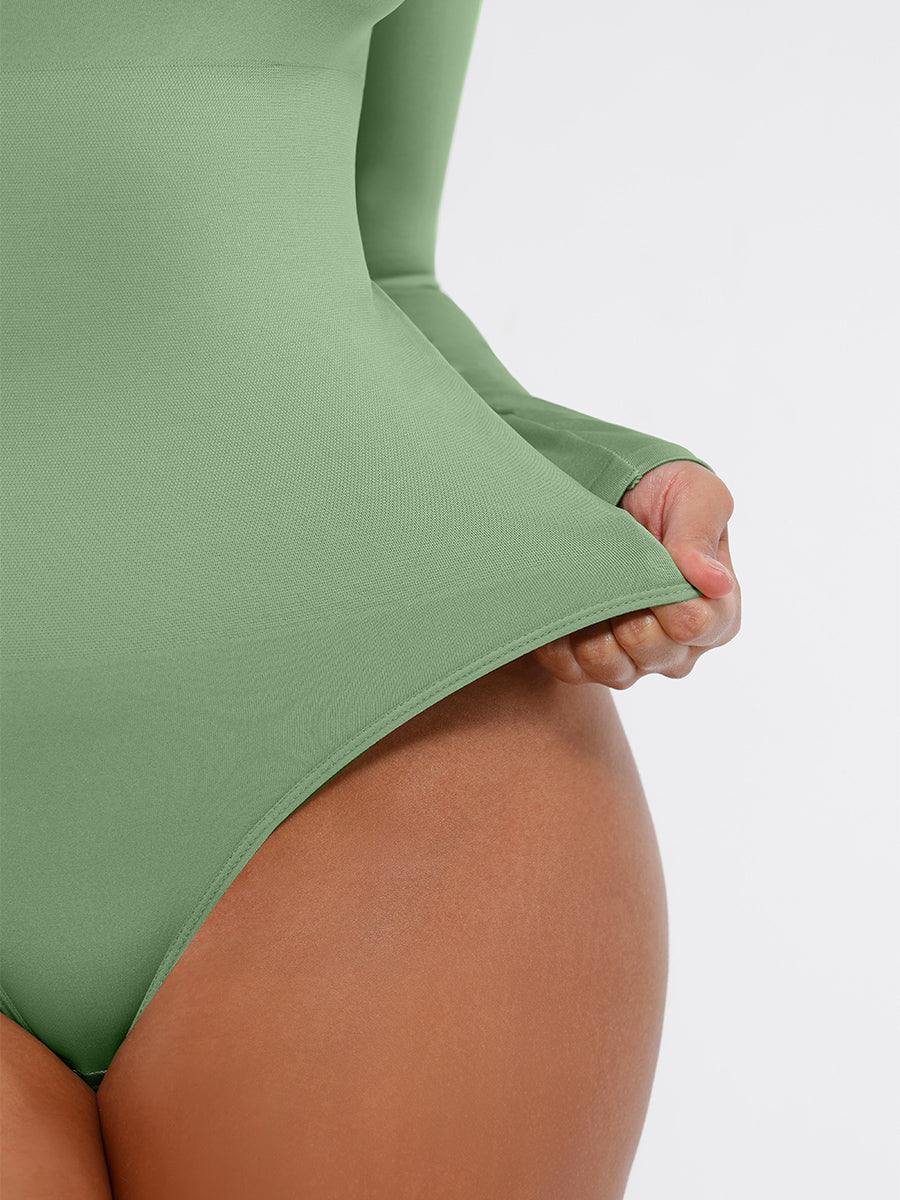 Well-in Vogue Seamless Eco-friendly Square Neck Long Sleeve 360° Waist Control Thong Bodysuit