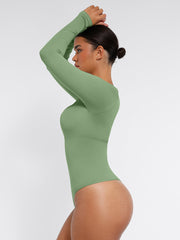 Well-in Vogue Seamless Eco-friendly Square Neck Long Sleeve 360° Waist Control Thong Bodysuit