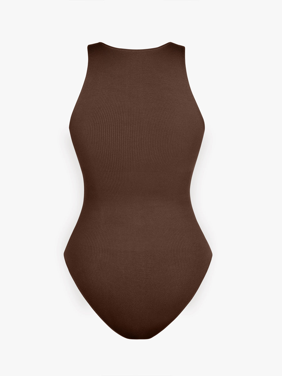 Well-in Vogue Seamless Ribbed Zip Front Sleeveless Briefs Bodysuit