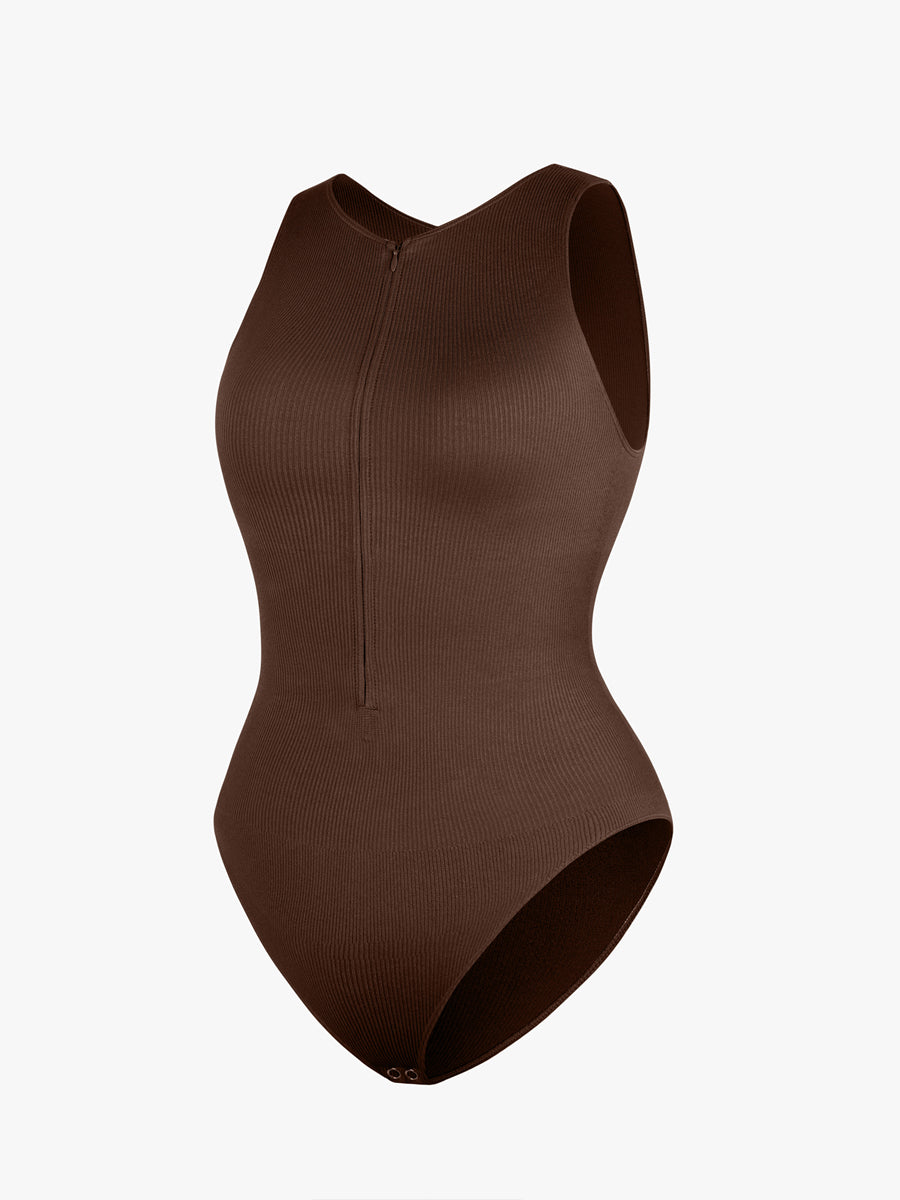 Well-in Vogue Seamless Ribbed Zip Front Sleeveless Briefs Bodysuit