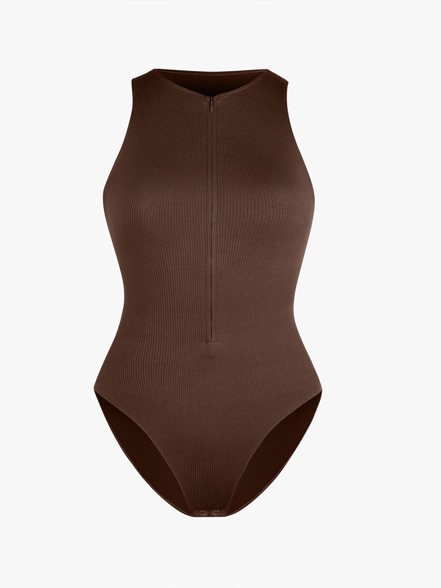 Well-in Vogue Seamless Ribbed Zip Front Sleeveless Briefs Bodysuit