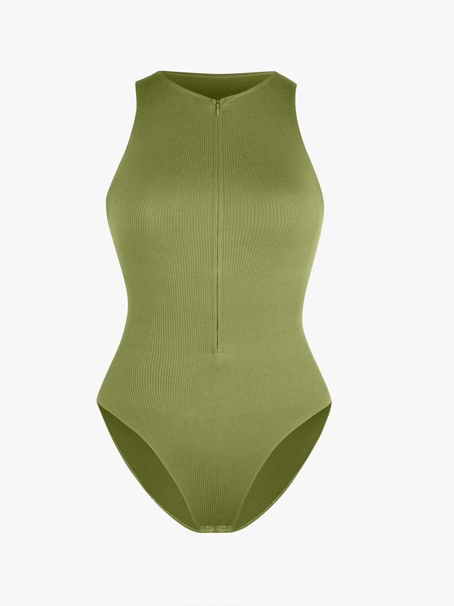 Well-in Vogue Seamless Ribbed Zip Front Sleeveless Briefs Bodysuit