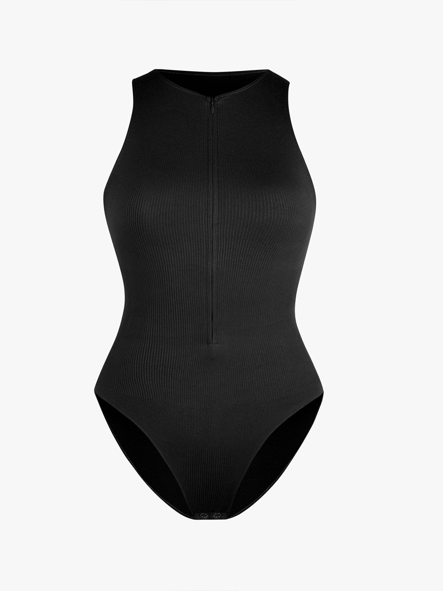 Well-in Vogue Seamless Ribbed Zip Front Sleeveless Briefs Bodysuit