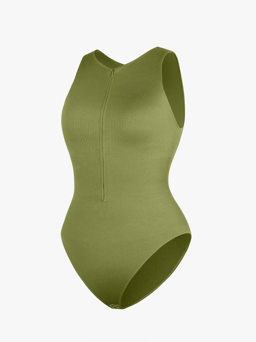 Well-in Vogue Seamless Ribbed Zip Front Sleeveless Briefs Bodysuit