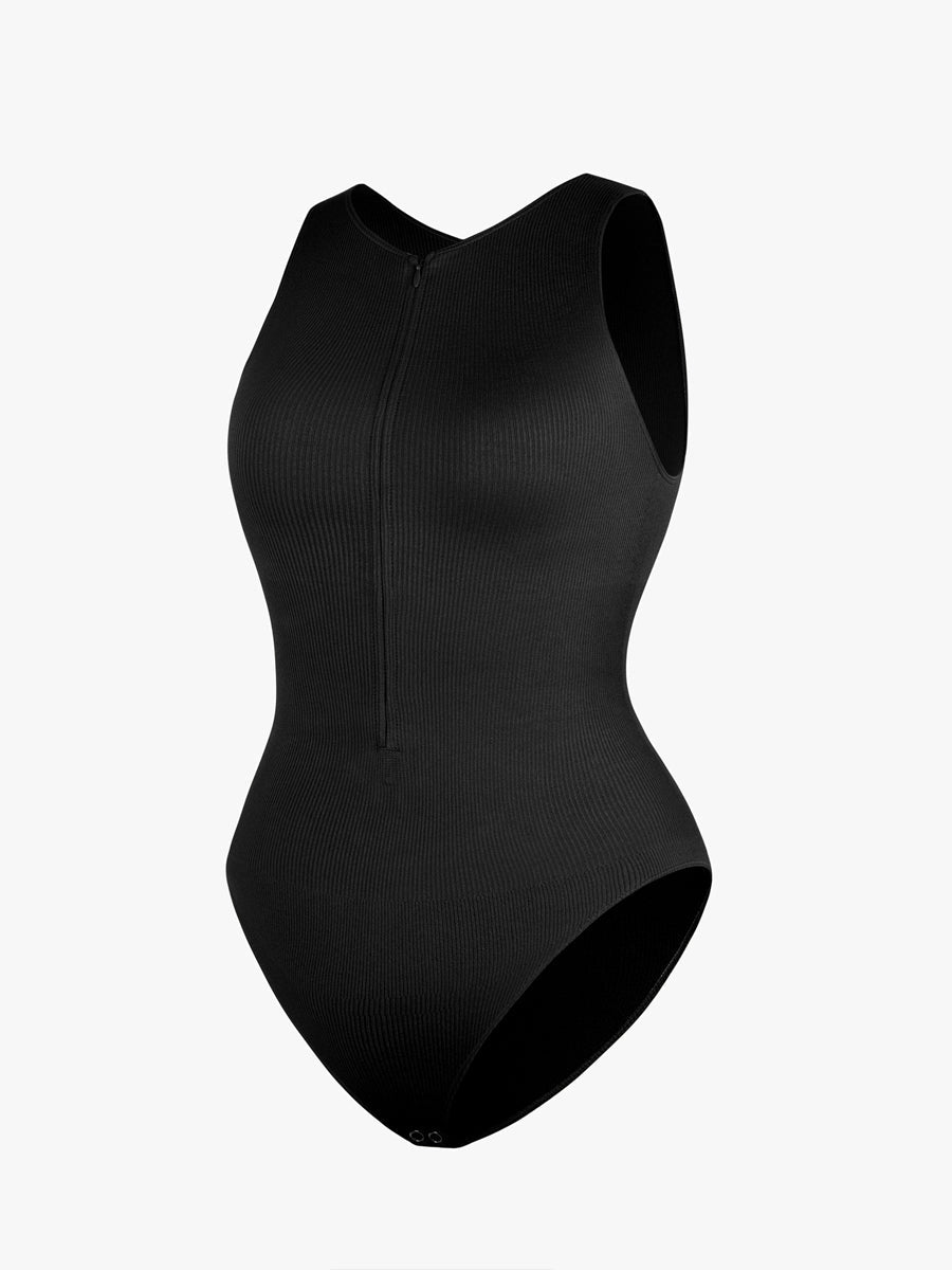 Well-in Vogue Seamless Ribbed Zip Front Sleeveless Briefs Bodysuit