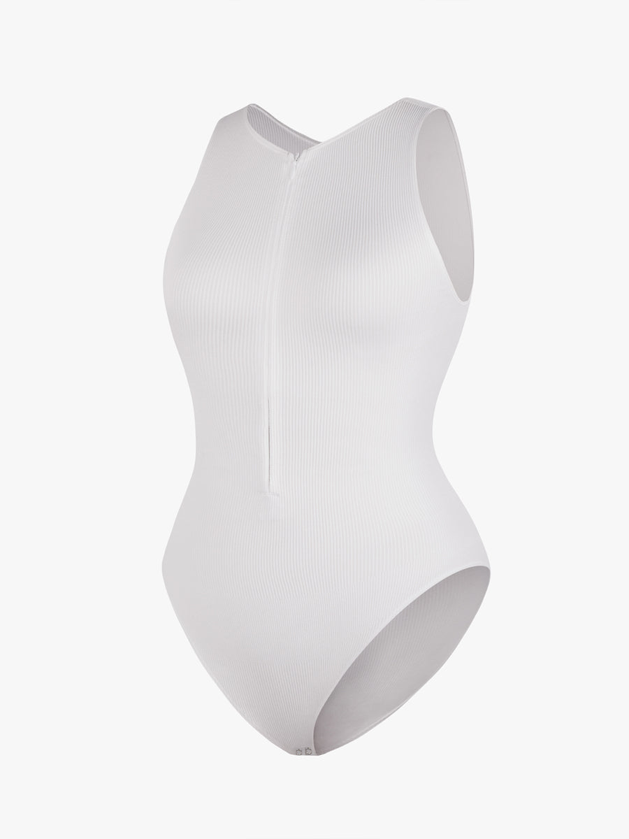 Well-in Vogue Seamless Ribbed Zip Front Sleeveless Briefs Bodysuit