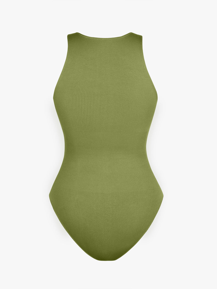 Well-in Vogue Seamless Ribbed Zip Front Sleeveless Briefs Bodysuit