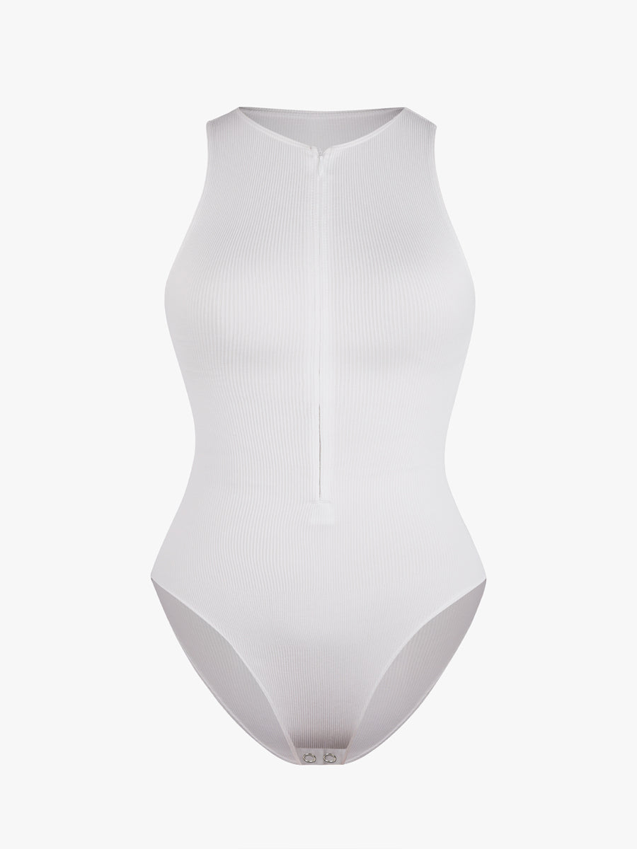 Well-in Vogue Seamless Ribbed Zip Front Sleeveless Briefs Bodysuit