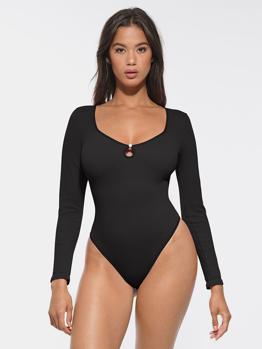 Well-in Vogue Seamless Ribbed Sexy Hollow Scoop Neck Waist Tummy Control Thong Bodysuit
