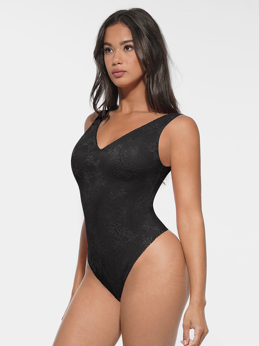 Well-in Vogue Seamless Sexy Deep V-Neck Lace Shaping Thong Bodysuit