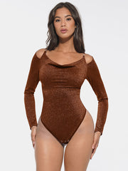 Well-in Vogue Shiny Draped Neck All In One Shapewear Bodysuit with Built In Bra and Thong Snap Crotch