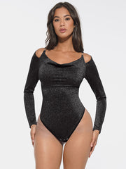 Well-in Vogue Shiny Draped Neck All In One Shapewear Bodysuit with Built In Bra and Thong Snap Crotch