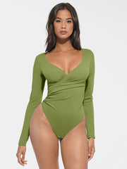 Well-in Vogue Sexy V-neck Overlapping pleated Waist and Tummy Control Antibacterial Crotch Bodysuit