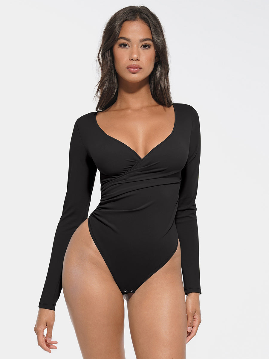 Well-in Vogue Sexy V-neck Overlapping pleated Waist and Tummy Control Antibacterial Crotch Bodysuit