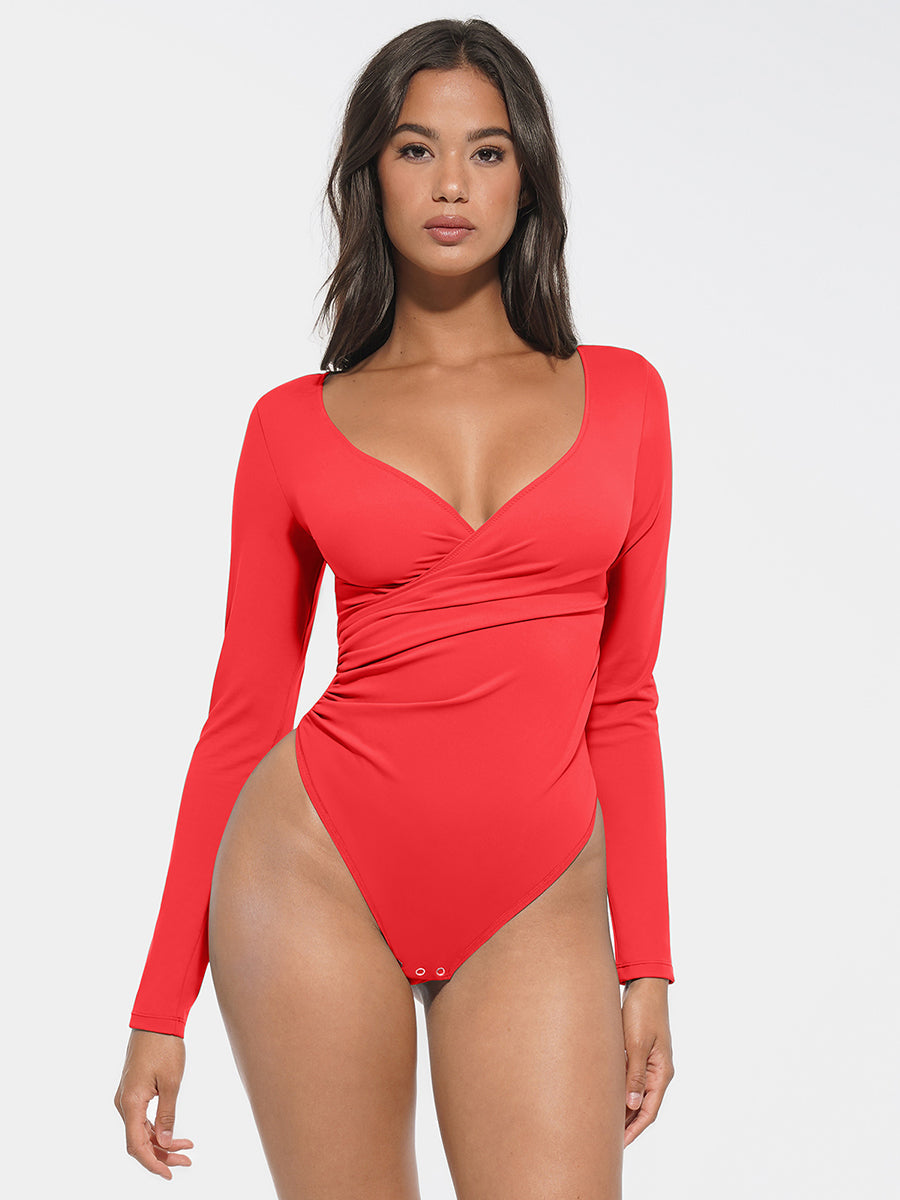 Well-in Vogue Sexy V-neck Overlapping pleated Waist and Tummy Control Antibacterial Crotch Bodysuit