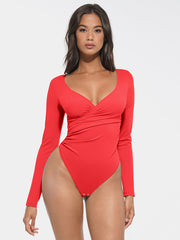 Well-in Vogue Sexy V-neck Overlapping pleated Waist and Tummy Control Antibacterial Crotch Bodysuit