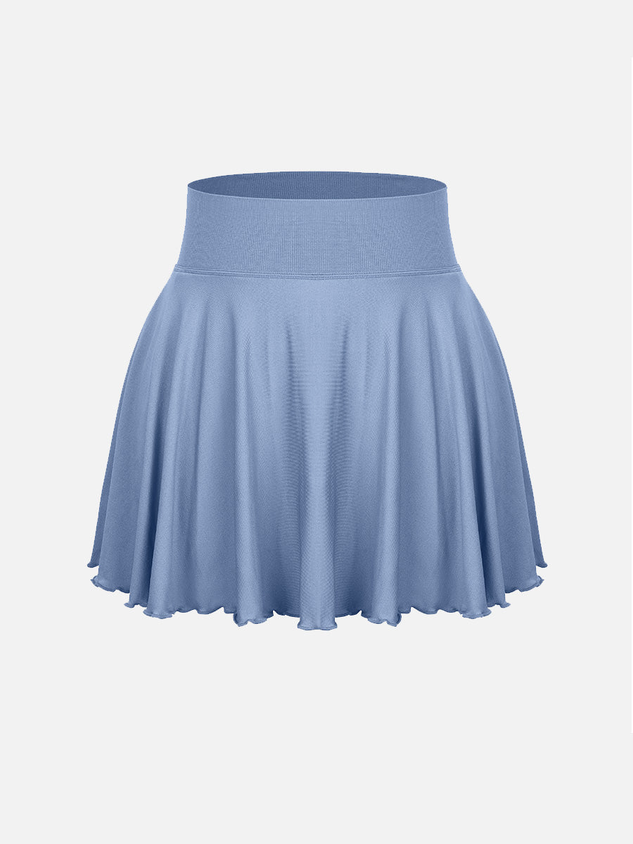 Well-in Vogue Mid-Waist A Line Skirt Flared Ruffle Hem Built in Shorts with Pockets