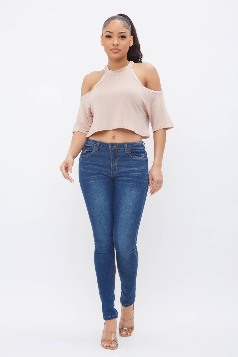 Well-in Vogue French Terry Solid Shoulder Cut Out Detail Half Sleeve Top