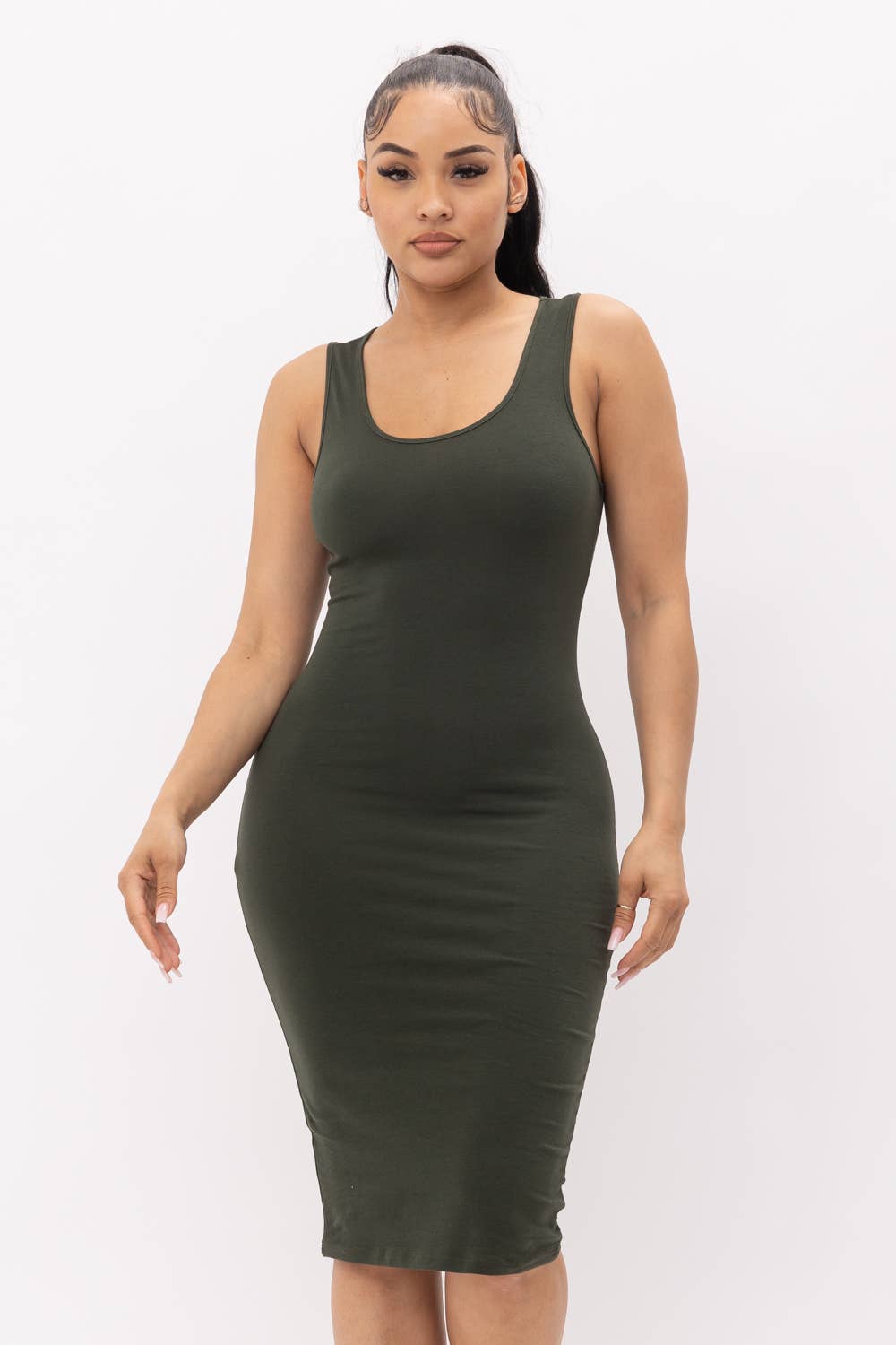 Well-in Vogue Cotton Spandex Solid Sleeveless Tank Bodycon Midi Dress