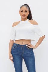 Well-in Vogue French Terry Solid Shoulder Cut Out Detail Half Sleeve Top