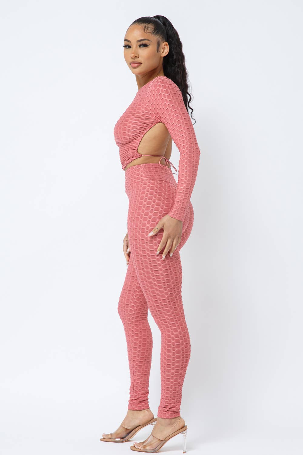 Well-in Vogue Honeycomb Open Back Tie Top and Leggings Set
